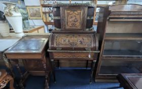 Early 20thC Mahogany Ormolu Mounted Ladies Cylinder Writing Desk By WJ Mansell. painted cherub