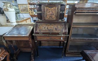 Early 20thC Mahogany Ormolu Mounted Ladies Cylinder Writing Desk By WJ Mansell. painted cherub