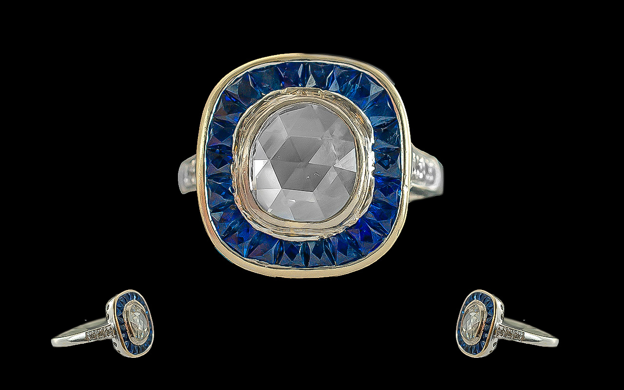 Art Deco outstanding 18ct White Gold Old Mine Cut Diamond And Sapphire Set Ring - Not Marked Tests