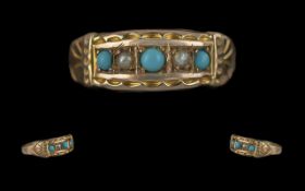 Antique Period Pleasing Ladies Petite 9ct Gold Turquoise And Pearl Set Ring - Marked 9ct To Shank.