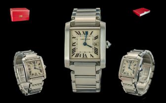 Cartier - Ladies Medium Size Tank Francaise Stainless Steel Wrist Watch.