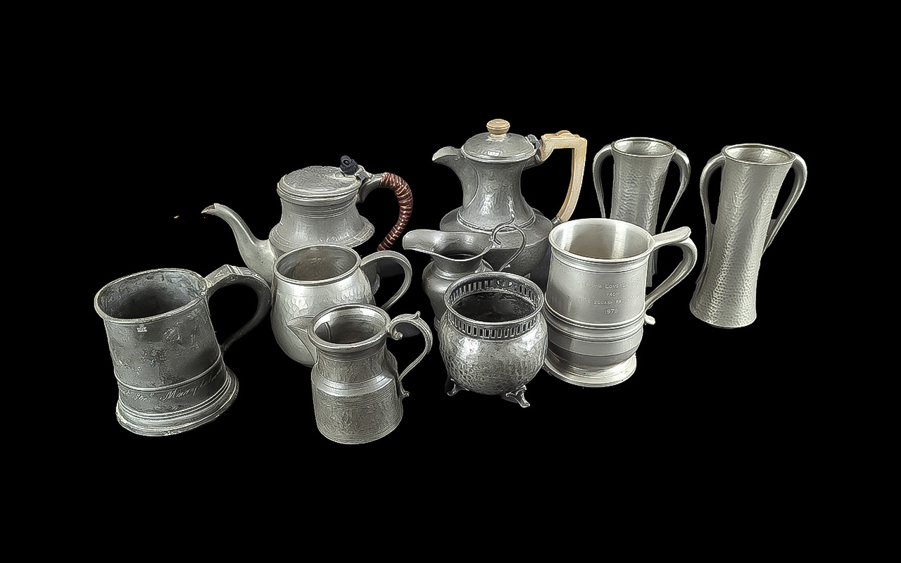 Box of Assorted Pewter Items, comprising tea pots, tankards, vases, jugs, etc. Ten in total.