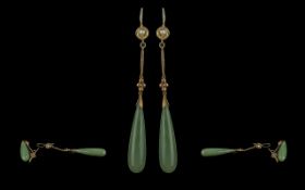 Chinese 1950s Pair of 14ct Gold Teardrop Jade Earrings, testing 14ct gold, the elongated pair of