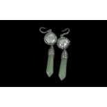 Pearl & Jade Drop Earrings, marked 925. Circular pearl and crystal set above jade drops.