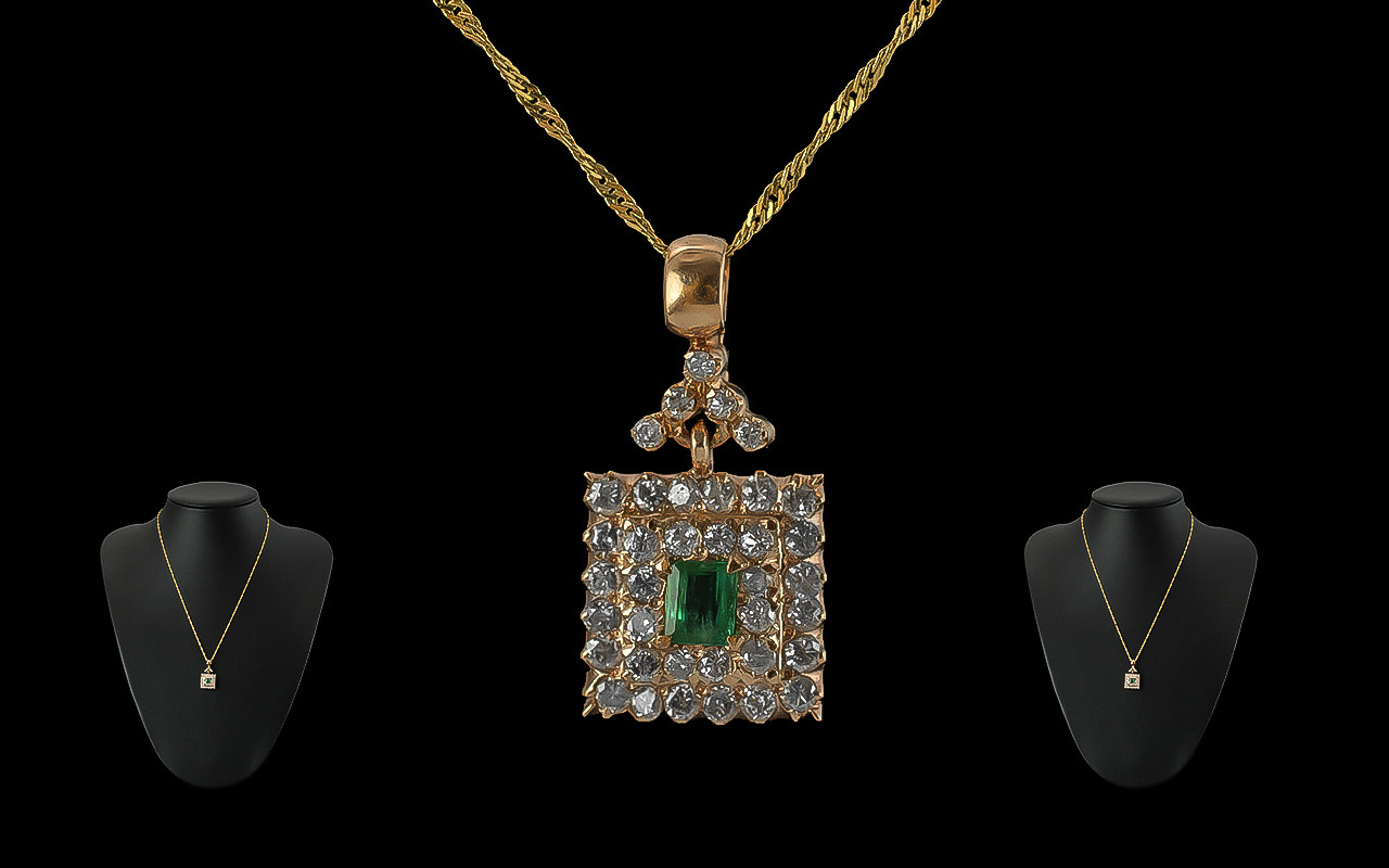 Antique Style - Pleasing Quality Ladies 14ct Gold Diamond and Emerald Set Pendant of Square Form /