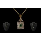 Antique Style - Pleasing Quality Ladies 14ct Gold Diamond and Emerald Set Pendant of Square Form /