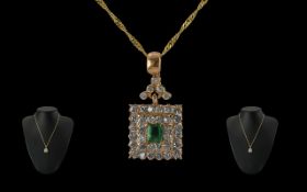 Antique Style - Pleasing Quality Ladies 14ct Gold Diamond and Emerald Set Pendant of Square Form /