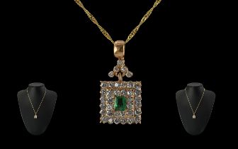 Antique Style - Pleasing Quality Ladies 14ct Gold Diamond and Emerald Set Pendant of Square Form /