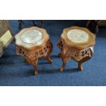 Pair of Small Oriental Marble Top Jardiniere Stands, carve frieze cross stretcher. 18'' high x