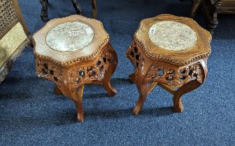 Pair of Small Oriental Marble Top Jardiniere Stands, carve frieze cross stretcher. 18'' high x