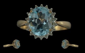 Ladies 9ct Gold Aquamarine and Diamond Set Dress Ring. Full Hallmark to Shank. The Aquamarine of