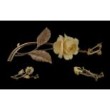 Ladies - Attractive Bespoke 9ct Gold Yellow Rose and Leaves Brooch. Marked 9ct with Safety Chain.