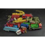 Box of Die Cast Toys, including Dinky and Matchbox, fire engines,tanks, cranes, cherry pickers, etc.