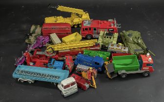 Box of Die Cast Toys, including Dinky and Matchbox, fire engines,tanks, cranes, cherry pickers, etc.