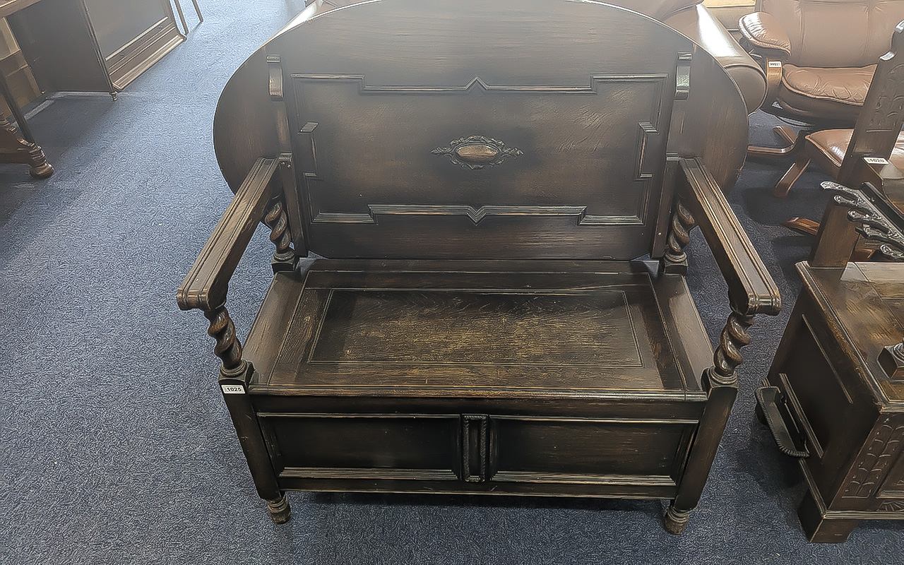 Early 20th Century Oak Monk's Bench typical form, foldover back, hinged seat, panelled front, barley