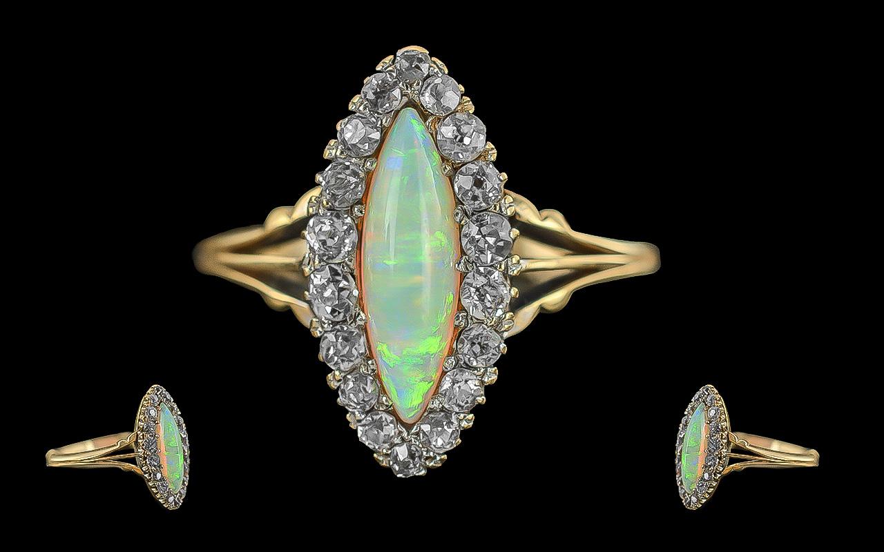 Antique Period Ladies - Pleasing Quality 9ct Gold Opal and Diamond Set Dress Ring. Marked 9ct to