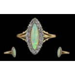 Antique Period Ladies - Pleasing Quality 9ct Gold Opal and Diamond Set Dress Ring. Marked 9ct to