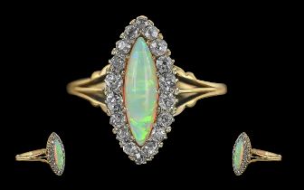 Antique Period Ladies - Pleasing Quality 9ct Gold Opal and Diamond Set Dress Ring. Marked 9ct to