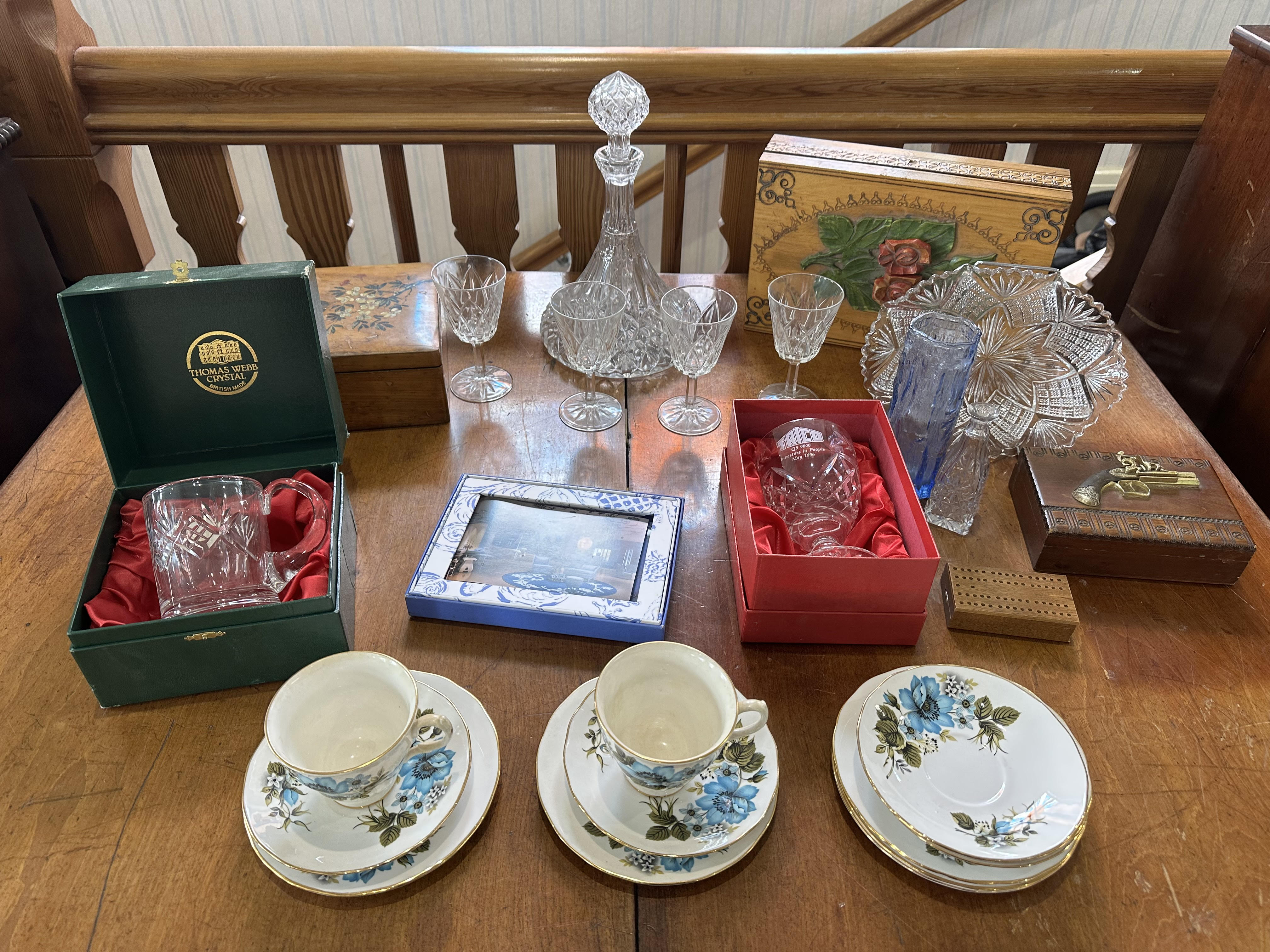 Box of Miscellaneous to include hinged wooden boxes, pottery, glassware, Thomas Webb crystal,