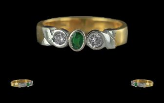 Ladies 18ct Gold Excellent Quality 3 Stone Diamond And Emerald Set Dress Ring - Full Hallmark To