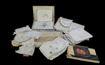 Box of Vintage Textiles, including crochet, embroidered, table clothes, etc.