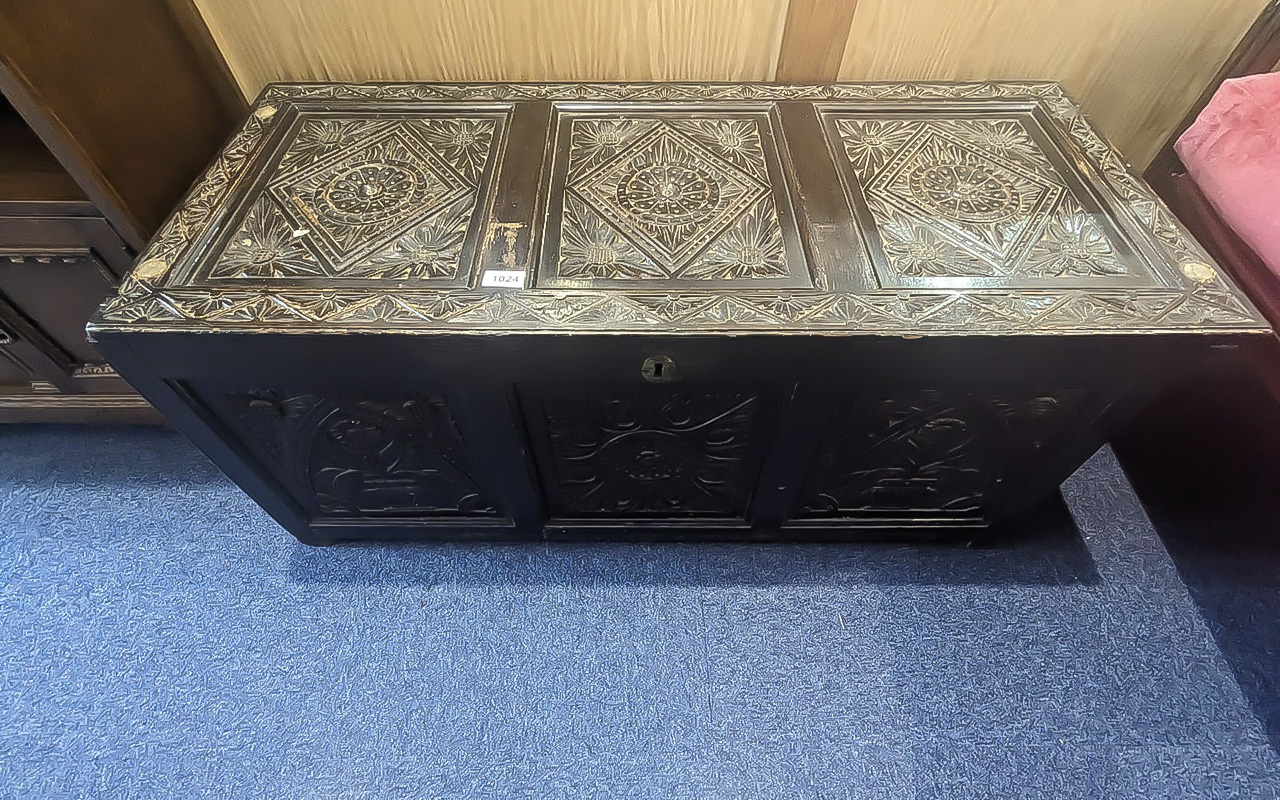 Carved Hardwood Blanket Box, profusely carved throughout, panelled top, sides and front. Height