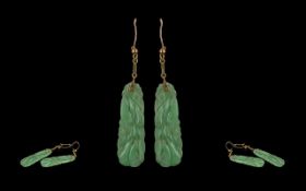 Chinese Pair of 18ct Gold Jade Set Drop Earrings, not marked but tests 18ct gold, the jade of