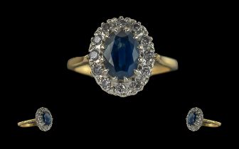 Ladies 18ct Gold Blue Sapphire and Diamond Set Cluster Ring, Flower head Design. Full Hallmark to