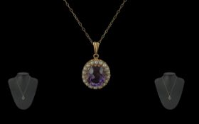 Ladies - Attractive 9ct Gold Amethyst and Seed Pearl Set Pendant of Small Proportions, With Attached