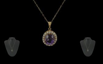 Ladies - Attractive 9ct Gold Amethyst and Seed Pearl Set Pendant of Small Proportions, With Attached