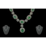 Ladies - Stunning 18ct White Gold Diamond and Emeralds Set Necklace of Excellent Quality / Design.