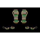 Ladies - Excellent Quality 14ct Gold Pair of Earrings Set with Emeralds and Diamonds In a Semi-Hoop