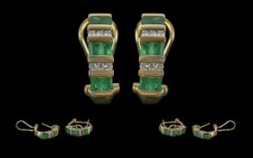 Ladies - Excellent Quality 14ct Gold Pair of Earrings Set with Emeralds and Diamonds In a Semi-Hoop