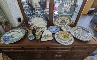 Box of Mixed Pottery & Porcelain, comprising three large platters, two blue and white one floral,