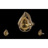 Ladies - 14ct Gold Single Stone Citrine Set Dress Ring, Naturalistic Design. The Faceted Large