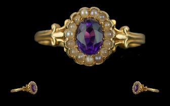 Antique Period - Attractive and Exquisite Ladies 18ct Gold Amethyst and Seed Pearl Set Cluster Ring.