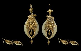 Antique Period Ladies Pleasing 14ct Gold & Jade Set Pair Of Earrings - With Naturalistic Look. Not