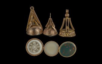 Antique Period Trio of 9ct Gold Masonic Fobs. One Set Symbols to Base, The Other Two Set with Gem