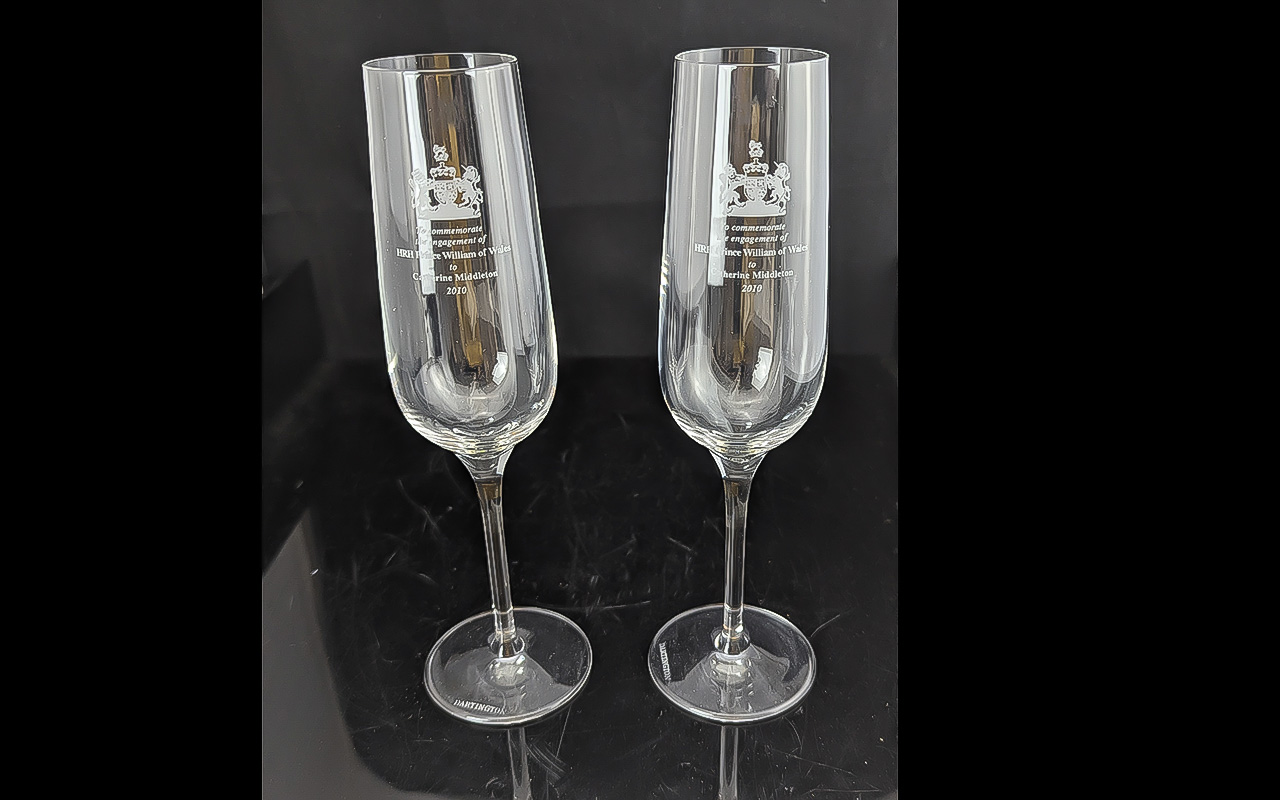 Pair of Dartington Glass Champagne Flutes engraved 'To Commemorate the engagement of HRH Prince