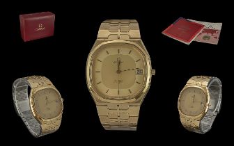 Omega Deville Gents Gold Tone Quartz Wrist Watch - Date Of Purchase 18.09.87. With Champagne Dial.