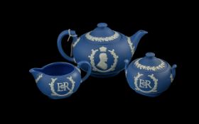 Wedgwood Dark Blue Teapot, Milk Jug and Lidded Sugar Bowl. Classical design.