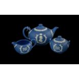 Wedgwood Dark Blue Teapot, Milk Jug and Lidded Sugar Bowl. Classical design.