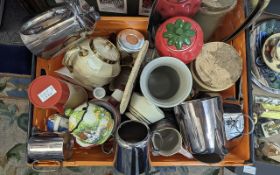 Two Boxes of Kitchenalia & Bric a Brac, stainless steel, teapots, jugs, figures, ornaments,