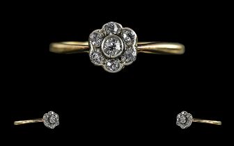 Antique Period 18ct Gold Petite Diamond Set Cluster Ring, marked 18ct to interior of shank, the pave