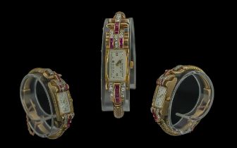 Ladies 1930's Pleasing 9ct Gold Ruby & Diamond Set Cocktail Watch, with new movement fitted by