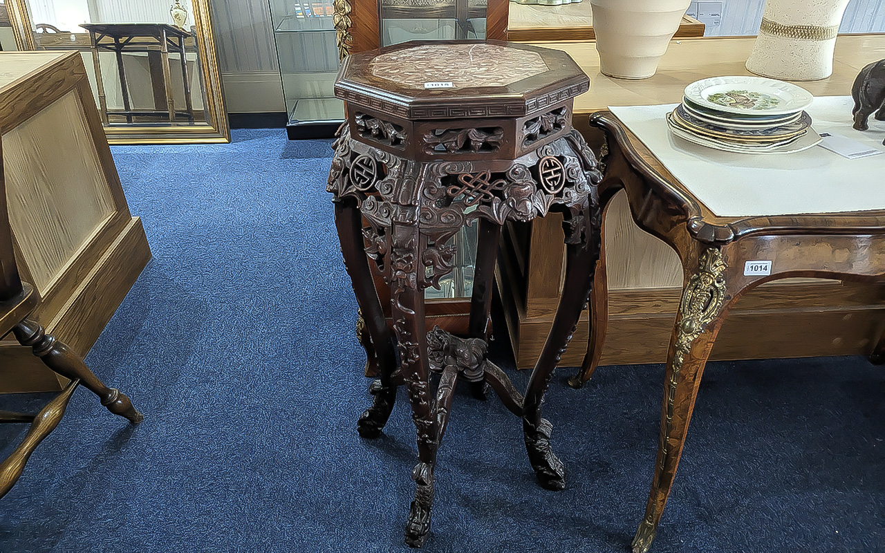 Oriental Marble Topped Jardiniere Stand, typical form, carved throughout. Height 36'', octagonal top