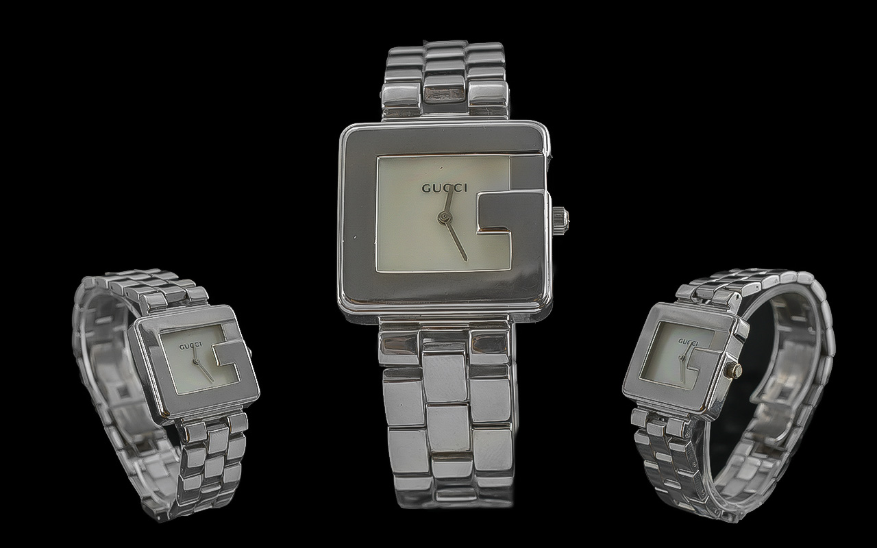 Gucci Ladies Stainless Steel Heavy Square Shaped Quartz Fashion Wrist Watch - Ref 0012128.