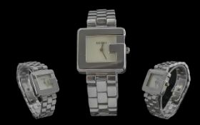 Gucci Ladies Stainless Steel Heavy Square Shaped Quartz Fashion Wrist Watch - Ref 0012128.