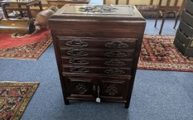 Chinese Style Hardwood Hinged Top Canteen of Cutlery, chest of drawers style, embossed top and