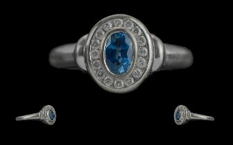 Ladies 9ct White Gold - Pleasing Sapphire and Diamond Set Ring. Full Hallmark to Interior of